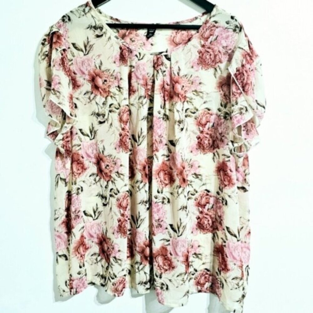 Shein Women's 3XL Curvy Cream Floral Semi Sheer Pullover Scoop Neck Tunic